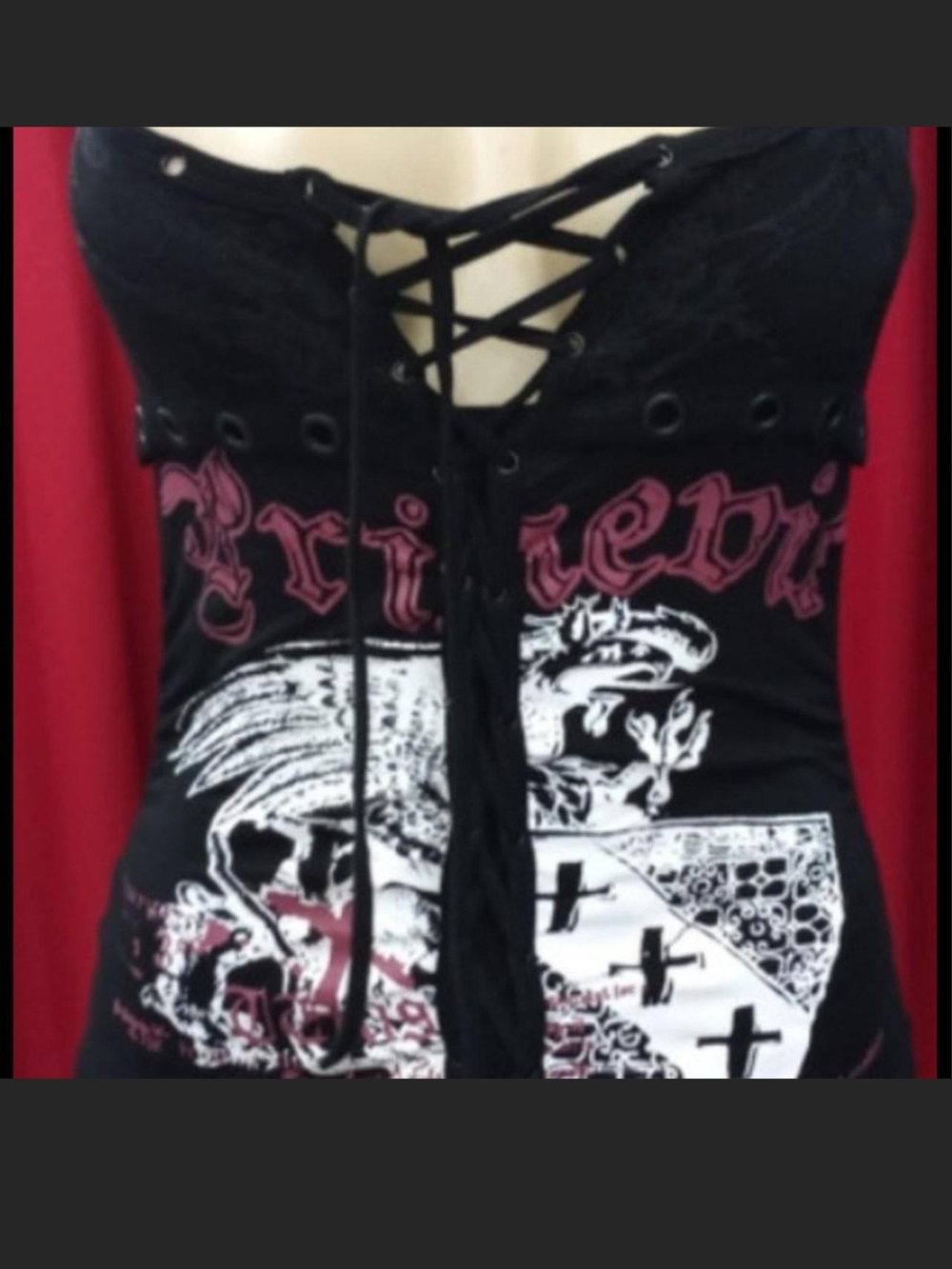 NWT PRIMEVIL Black Lace-Up Graphic Corset Tank Top or Mini Dress. L
